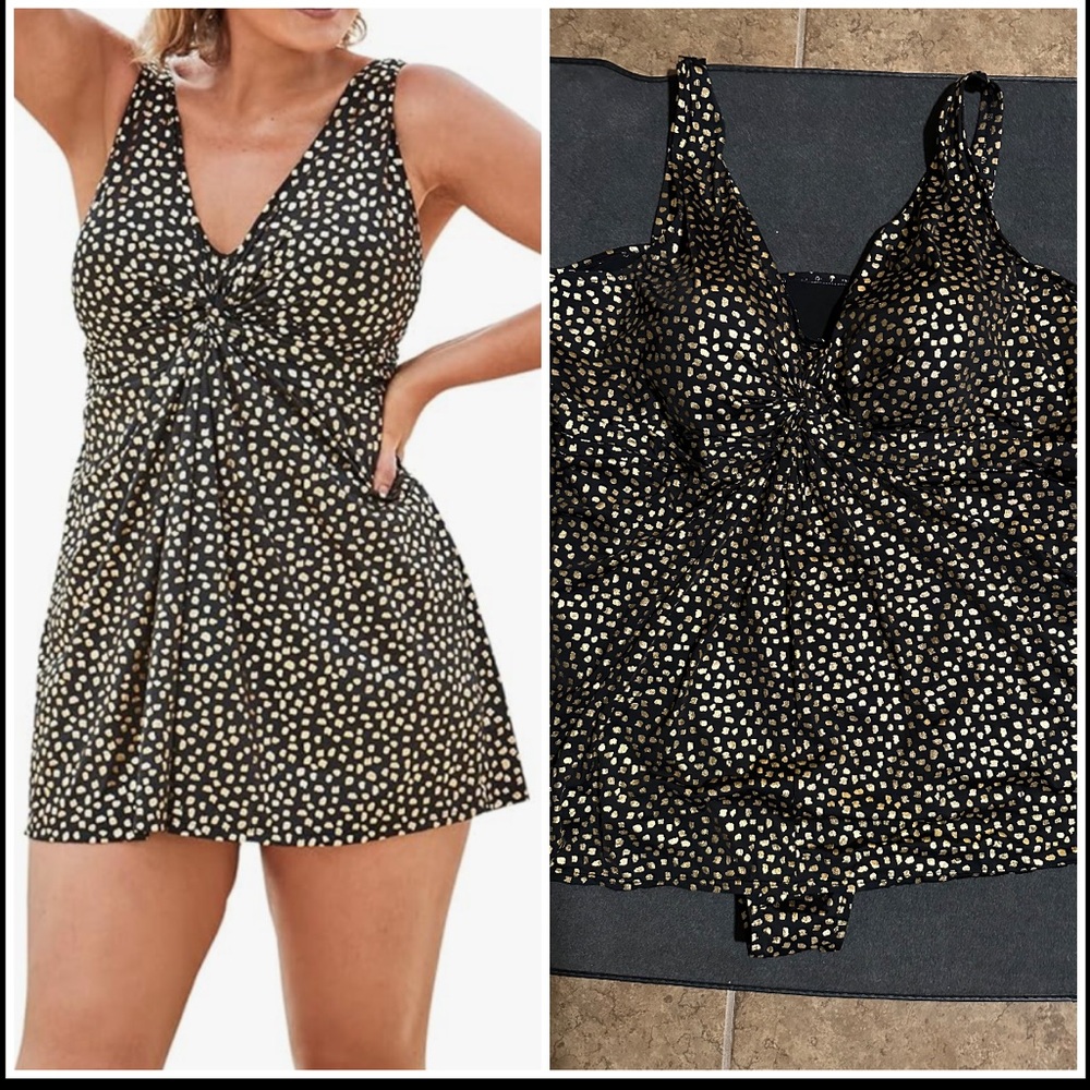Swimsuits For All Women's Plus Size Twist Front Size 34 Gold Abstract Dots Black